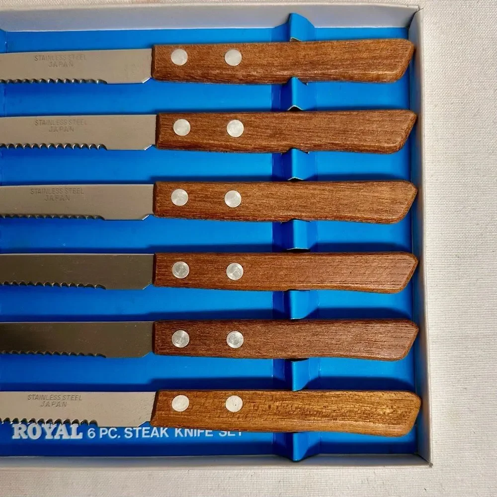 Vintage Royal Stainless Steel 6-Piece Steak Knife Set with Riveted Wood Handles-